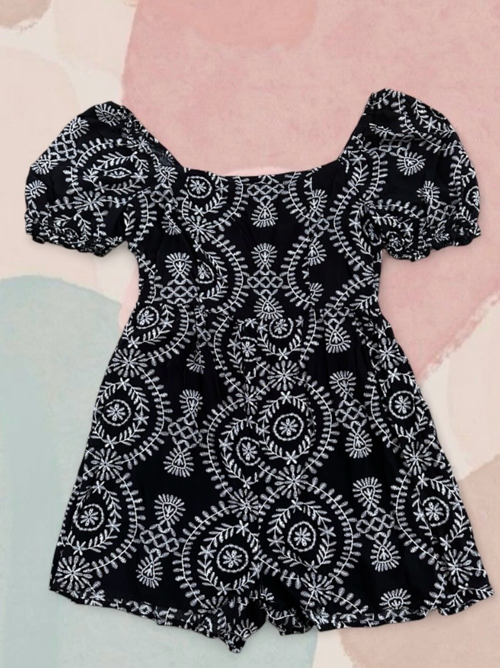 Women’s Black Puff-Sleeve Embroidered Romper Dress
